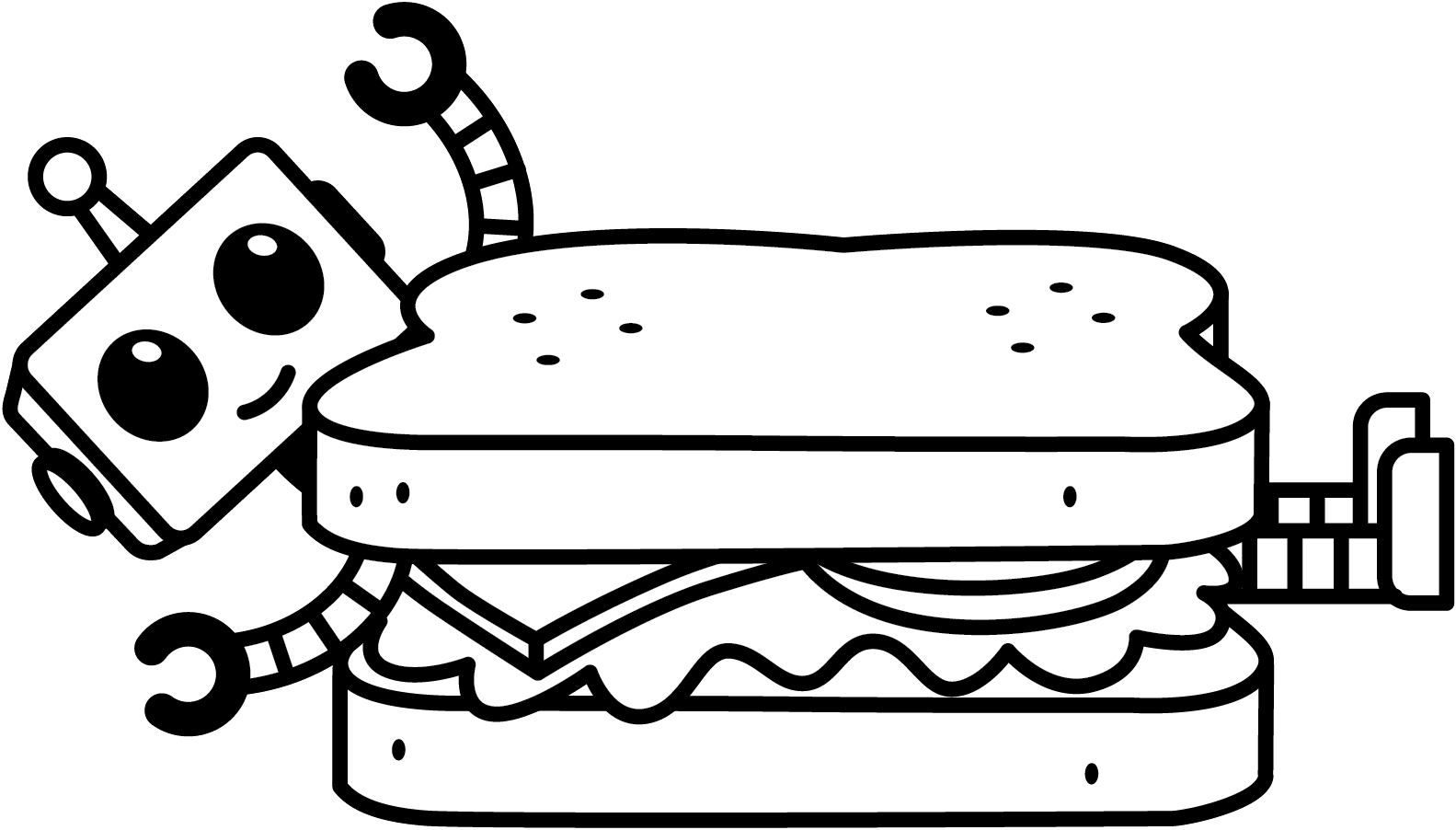 A robot tucked happily into a sandwich